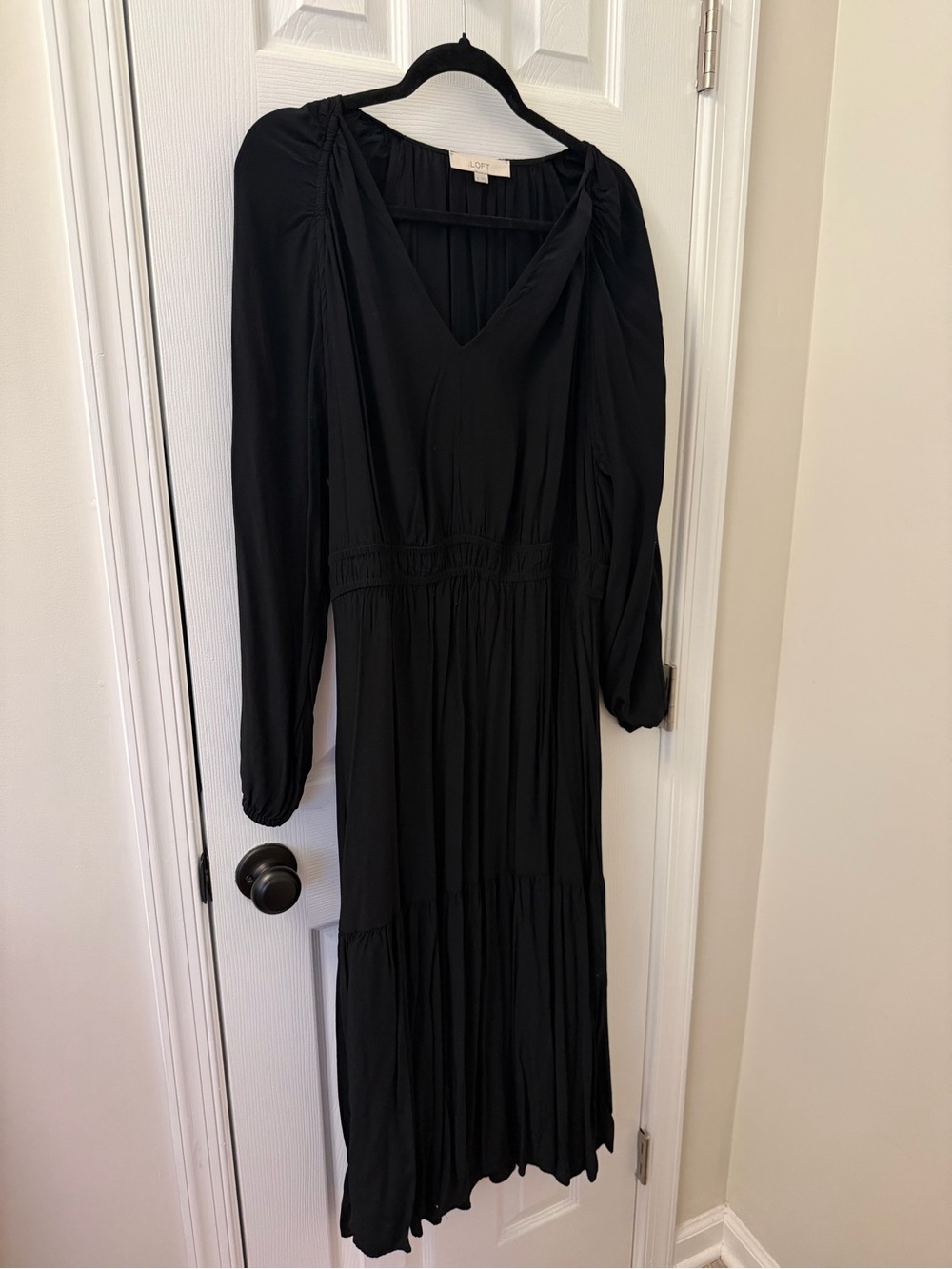 LOFT Black Long Sleeve Midi Dress with V-Neck
